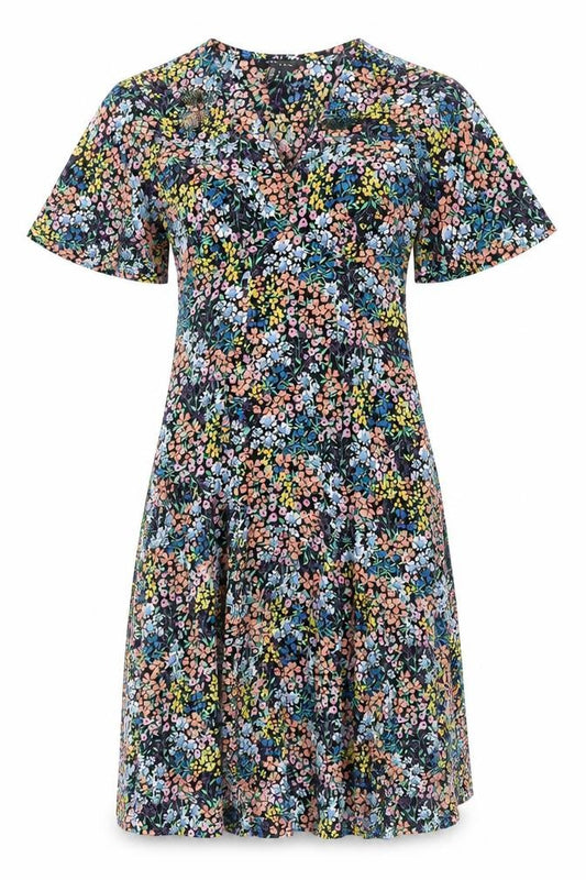 Front view of New Look women’s multicoloured floral polyester shift, size UK 8, v-neck zip