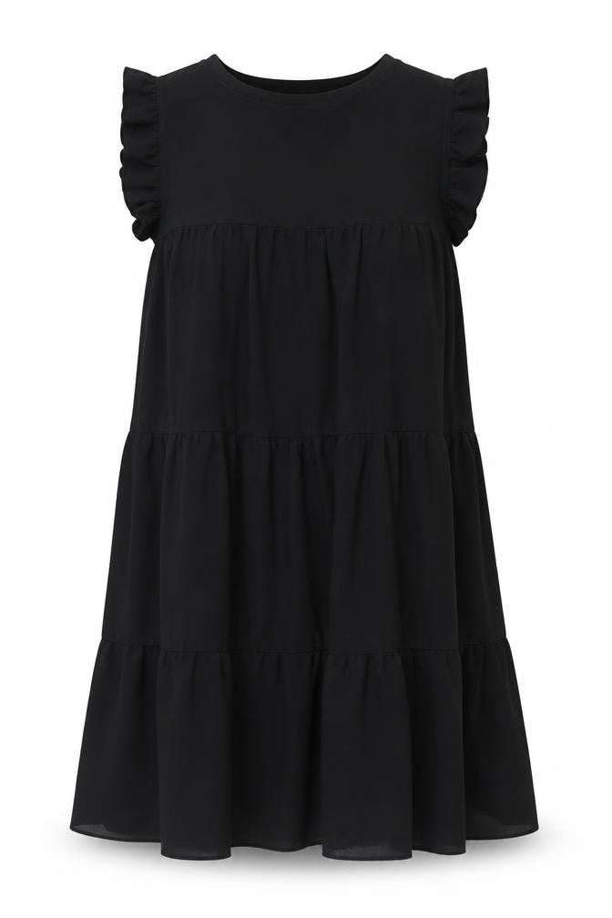 Front view of ASOS women’s black polyester shift, size UK 8, round neck button - smocked frill