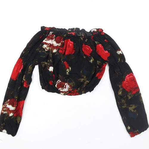 PRETTYLITTLETHING Womens Black Floral Polyester Cropped Blouse Size 10 Boat Neck - Rouched