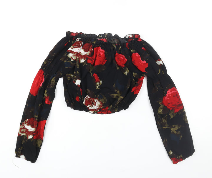 PRETTYLITTLETHING Womens Black Floral Polyester Cropped Blouse Size 10 Boat Neck - Rouched