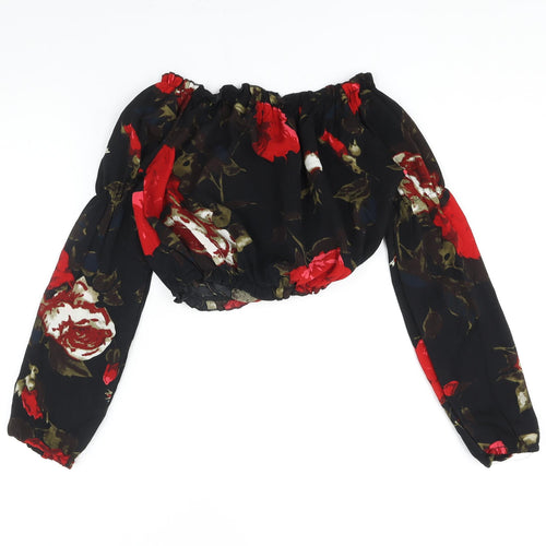PRETTYLITTLETHING Womens Black Floral Polyester Cropped Blouse Size 10 Boat Neck - Rouched