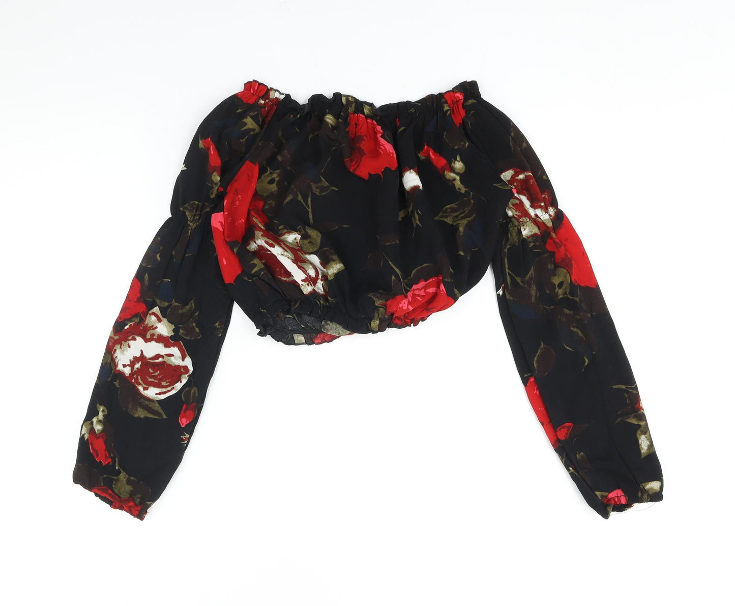 PRETTYLITTLETHING Womens Black Floral Polyester Cropped Blouse Size 10 Boat Neck - Rouched