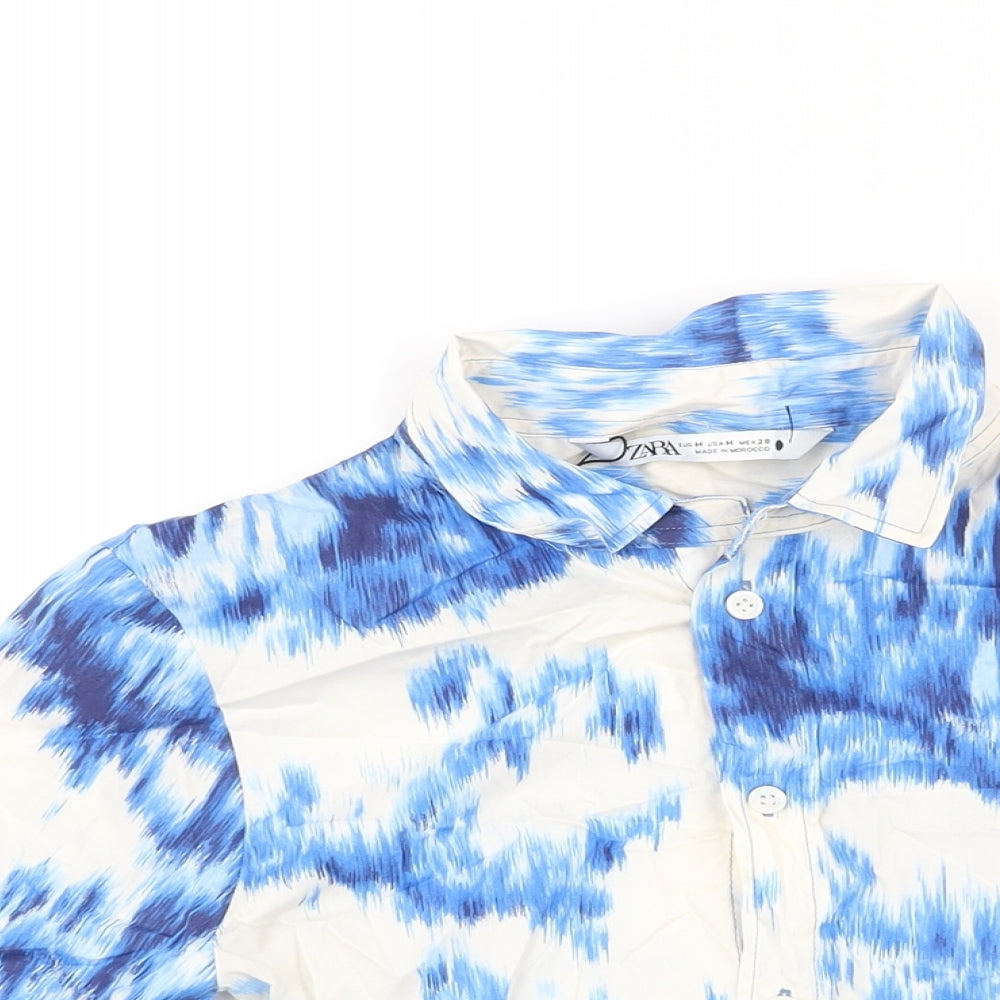Zara Womens Blue Geometric Cotton Basic Button-Up Size M Collared