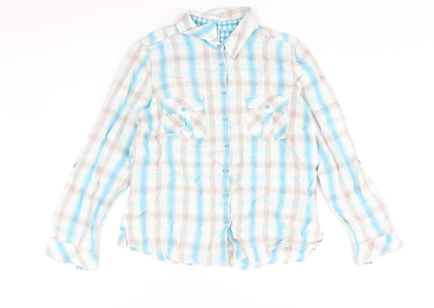 Marks and Spencer Womens Blue Check Cotton Basic Button-Up Size 16 Collared