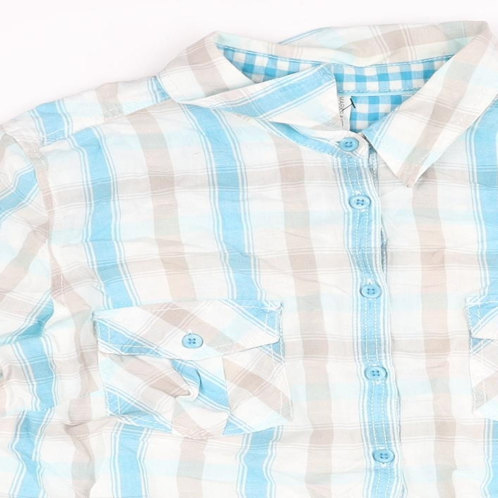 Marks and Spencer Womens Blue Check Cotton Basic Button-Up Size 16 Collared