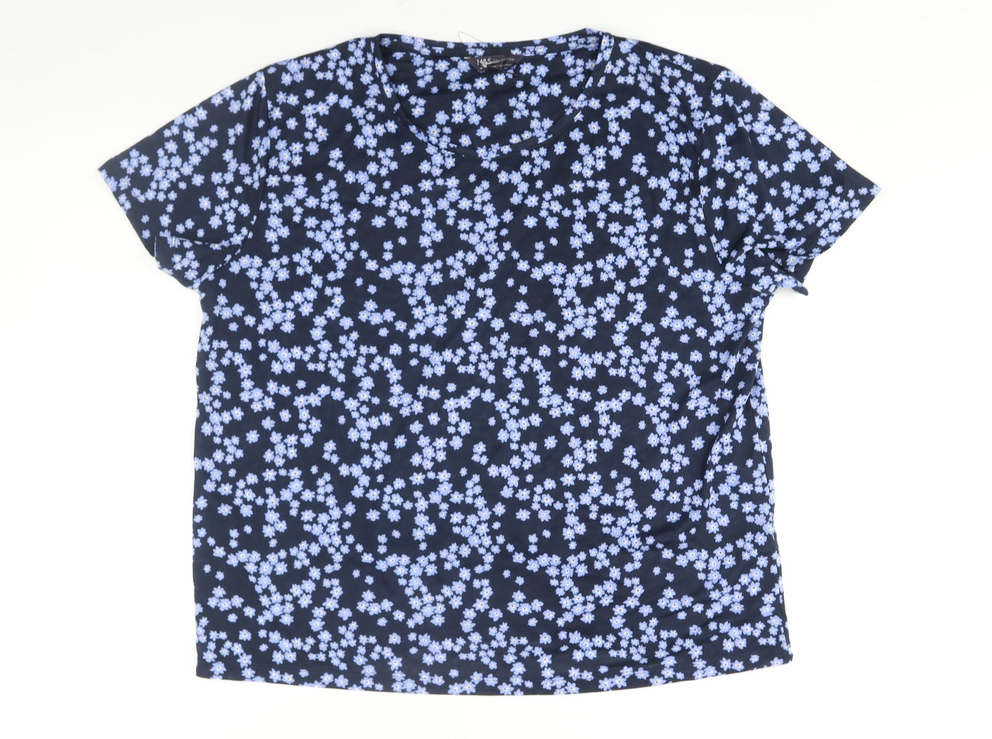 Marks and Spencer Womens Blue Floral Polyester Basic T-Shirt Size 18 Round Neck