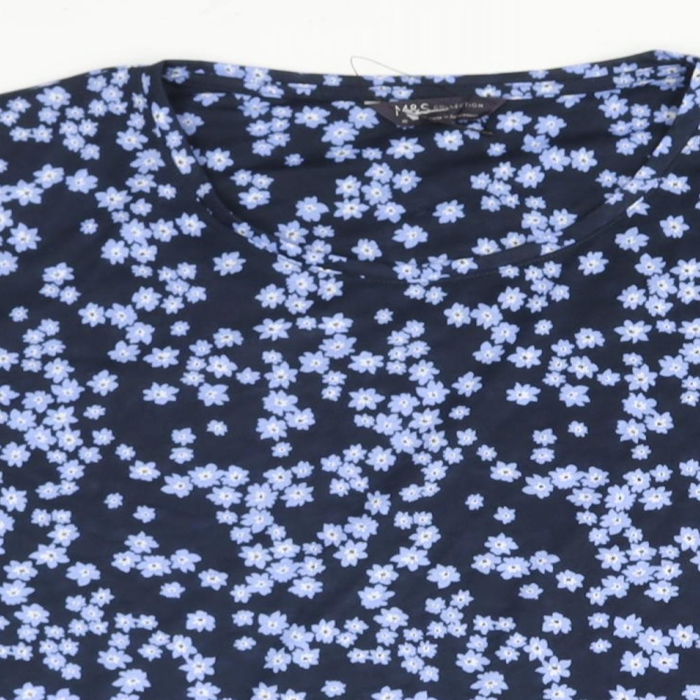 Marks and Spencer Womens Blue Floral Polyester Basic T-Shirt Size 18 Round Neck
