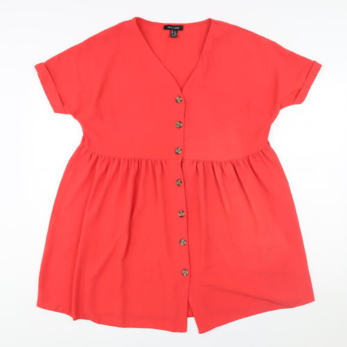 New Look Womens Red Polyester A-Line Size 8 V-Neck Button