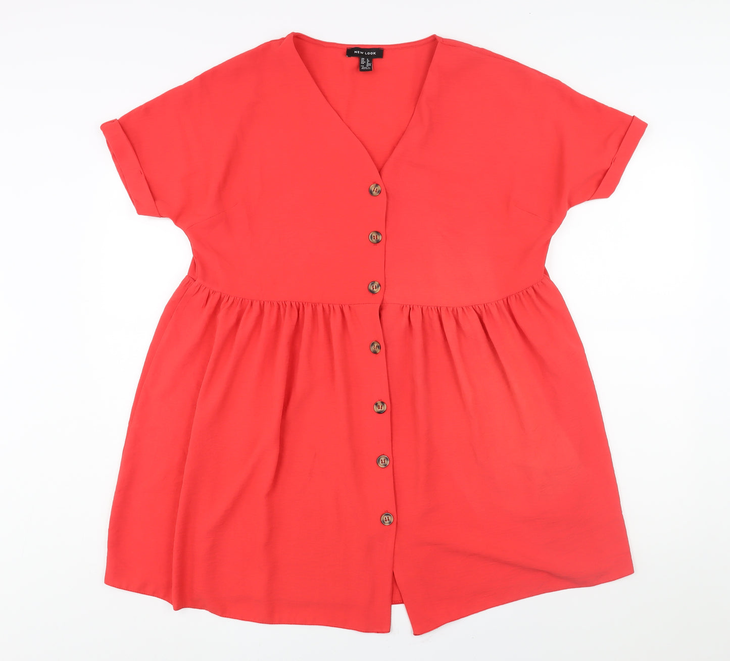 New Look Womens Red Polyester A-Line Size 8 V-Neck Button