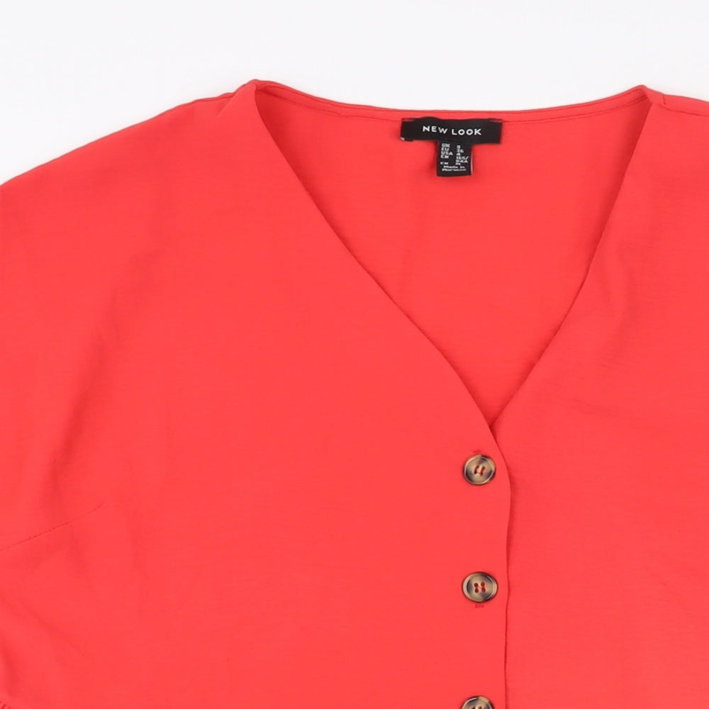 New Look Womens Red Polyester A-Line Size 8 V-Neck Button