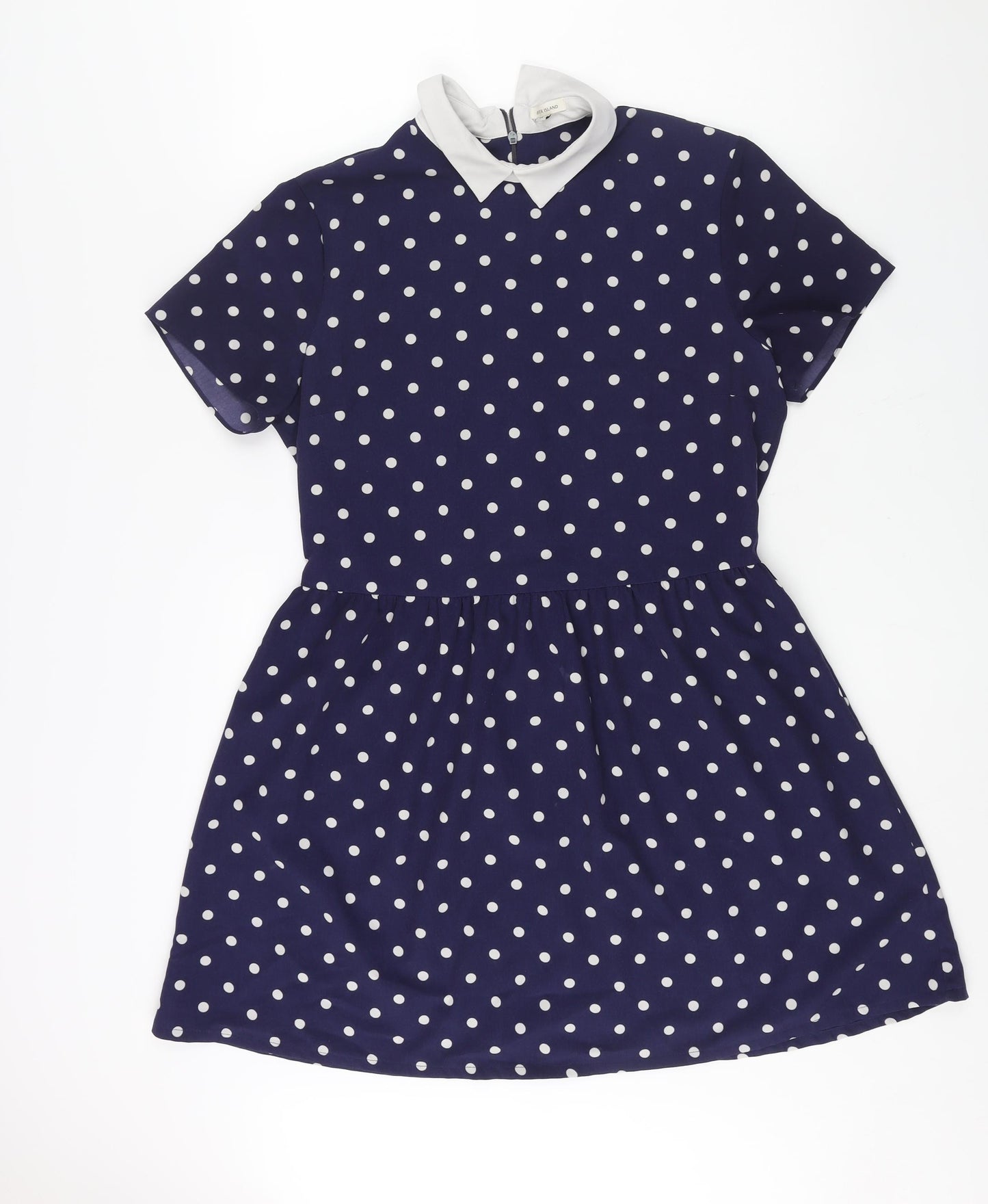 River Island Womens Blue Polka Dot Polyester A-Line Size 14 Collared Zip