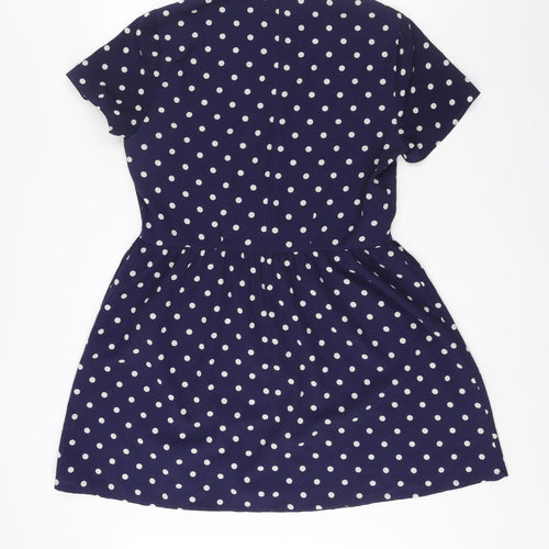 River Island Womens Blue Polka Dot Polyester A-Line Size 14 Collared Zip