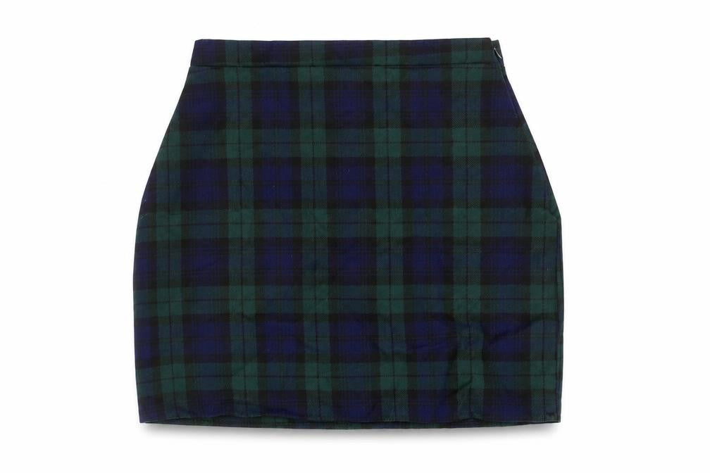 Front view of PRETTYLITTLETHING women’s blue check polyester mini skirt, size UK 8, zip