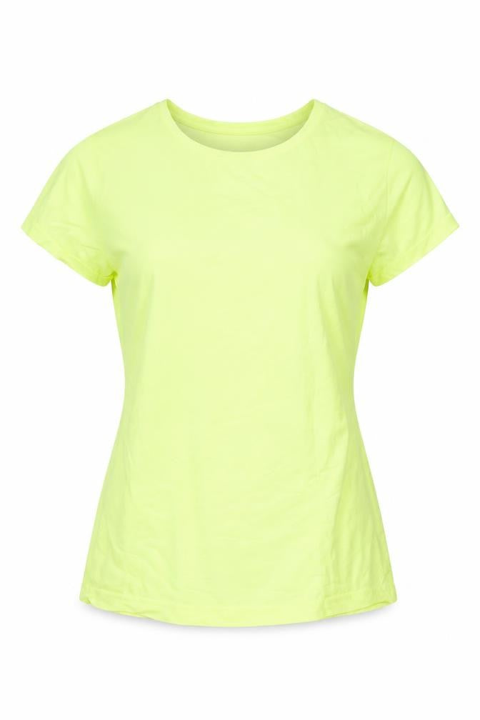 Front view of Industry women’s yellow nylon basic t-shirt, size M, round neck pullover