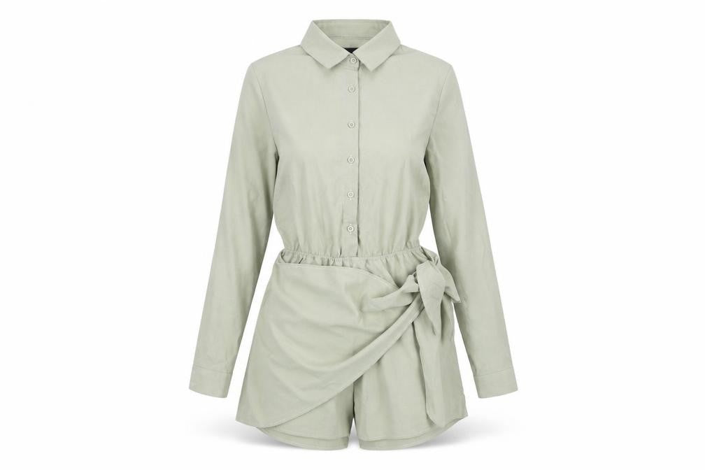 Front view of PRETTYLITTLETHING women’s green polyester playsuit one-piece, size UK 8, button - wrap detail