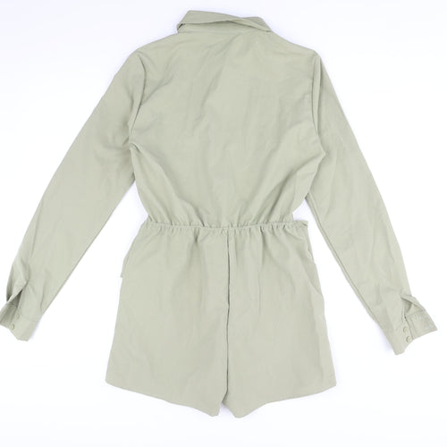 PRETTYLITTLETHING Womens Green Polyester Playsuit One-Piece Size 8 Button - Wrap Detail