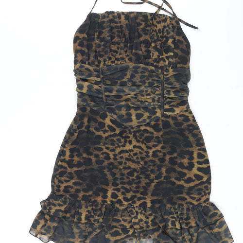 PRETTYLITTLETHING Womens Brown Animal Print Polyester Shift Size 6 Halter Zip - Frill Rouched Leopard Print
