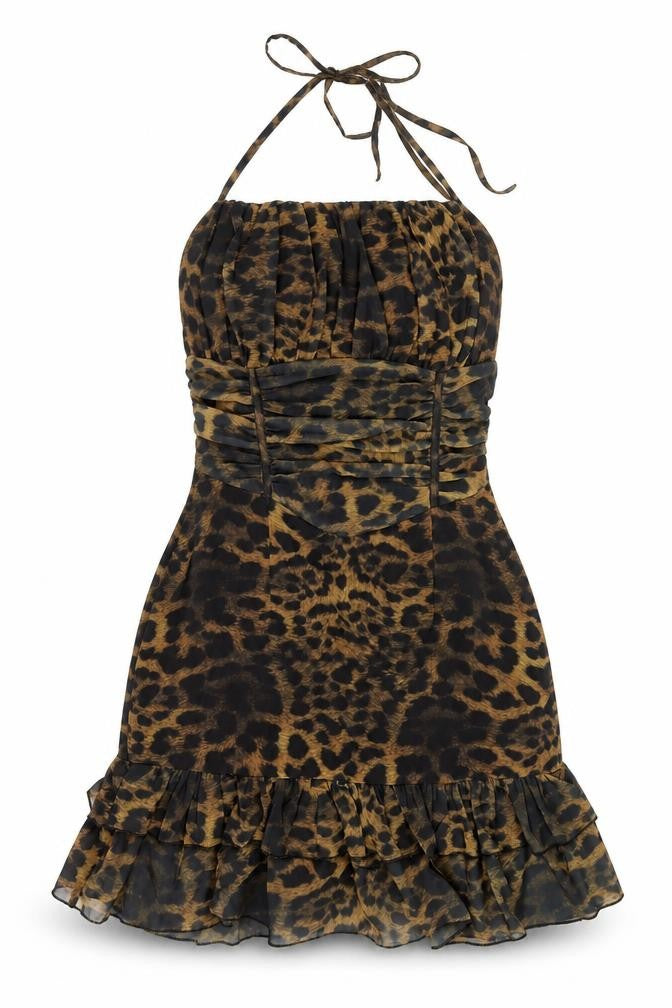 Front view of PRETTYLITTLETHING women’s brown animal print polyester shift, halter zip - frill rouched leopard print
