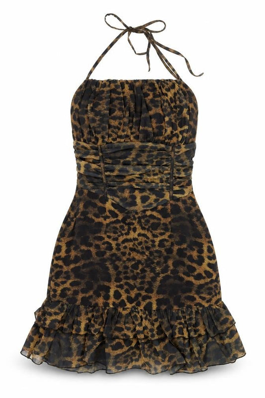 Front view of PRETTYLITTLETHING women’s brown animal print polyester shift, halter zip - frill rouched leopard print