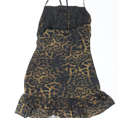 PRETTYLITTLETHING Womens Brown Animal Print Polyester Shift Size 6 Halter Zip - Frill Rouched Leopard Print
