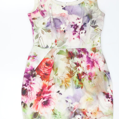Oasis Womens Multicoloured Floral Cotton Shift Size 12 Scoop Neck Zip