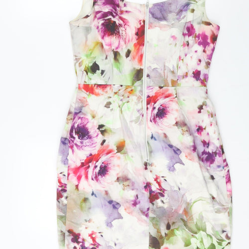 Oasis Womens Multicoloured Floral Cotton Shift Size 12 Scoop Neck Zip