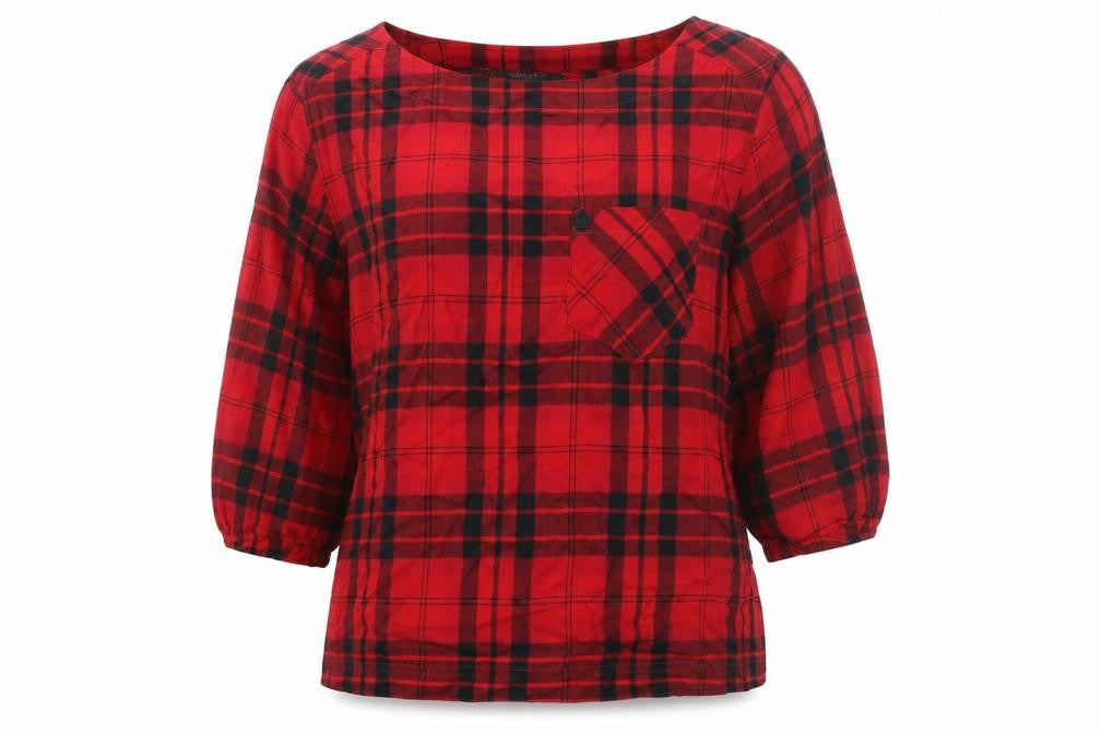 Front view of Marks & Spencer women’s red check cotton basic blouse, size UK 14, round neck