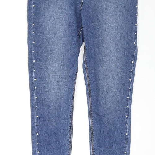 Matalan Womens Blue Cotton Skinny Jeans Size 12 L26 in Regular Zip - Pearl Detail Raw Hem