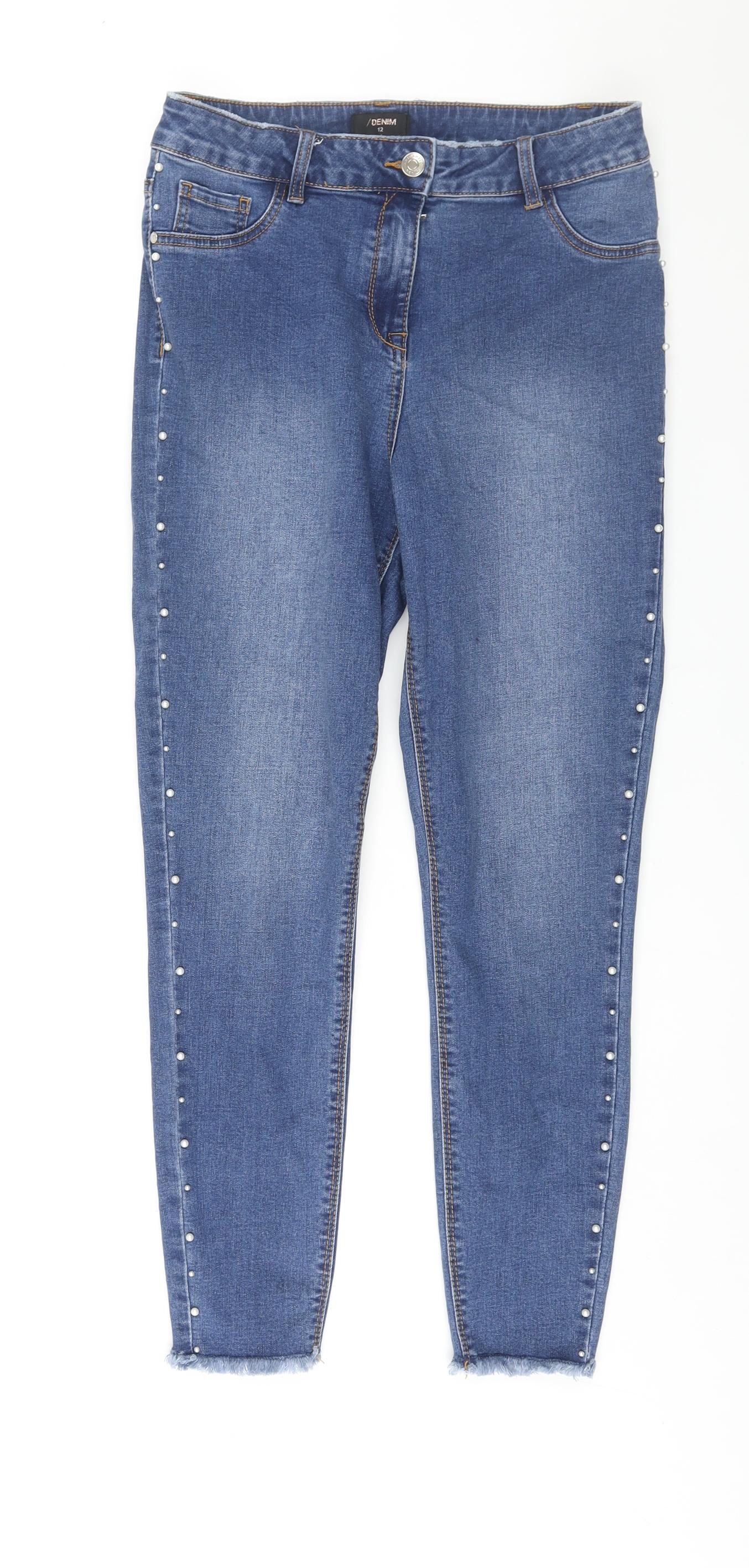 Matalan Womens Blue Cotton Skinny Jeans Size 12 L26 in Regular Zip - Pearl Detail Raw Hem