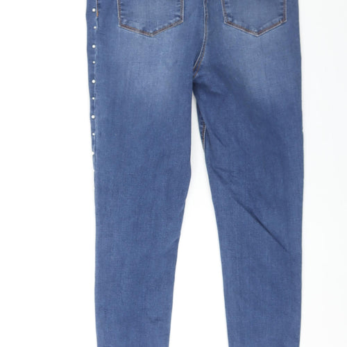 Matalan Womens Blue Cotton Skinny Jeans Size 12 L26 in Regular Zip - Pearl Detail Raw Hem