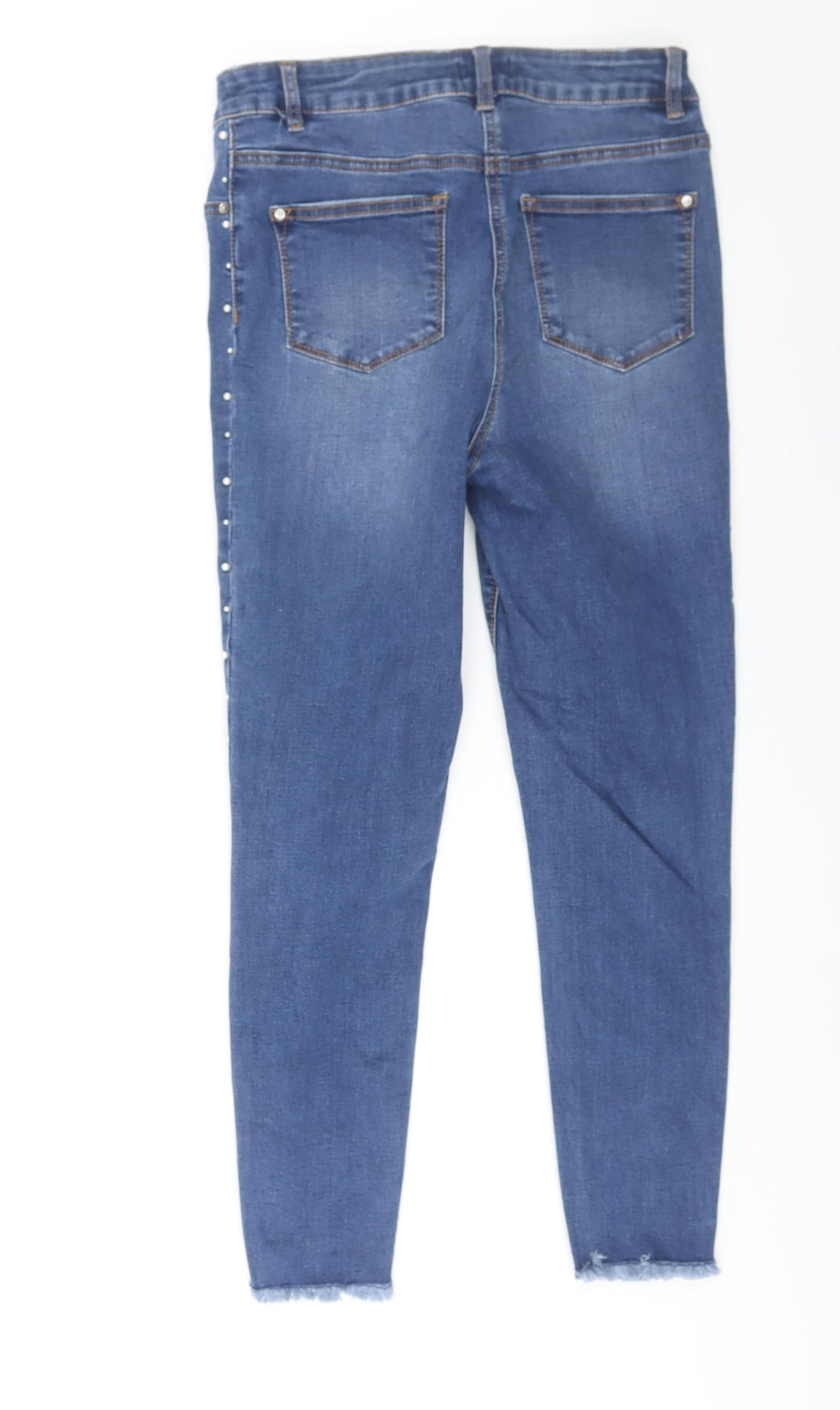 Matalan Womens Blue Cotton Skinny Jeans Size 12 L26 in Regular Zip - Pearl Detail Raw Hem