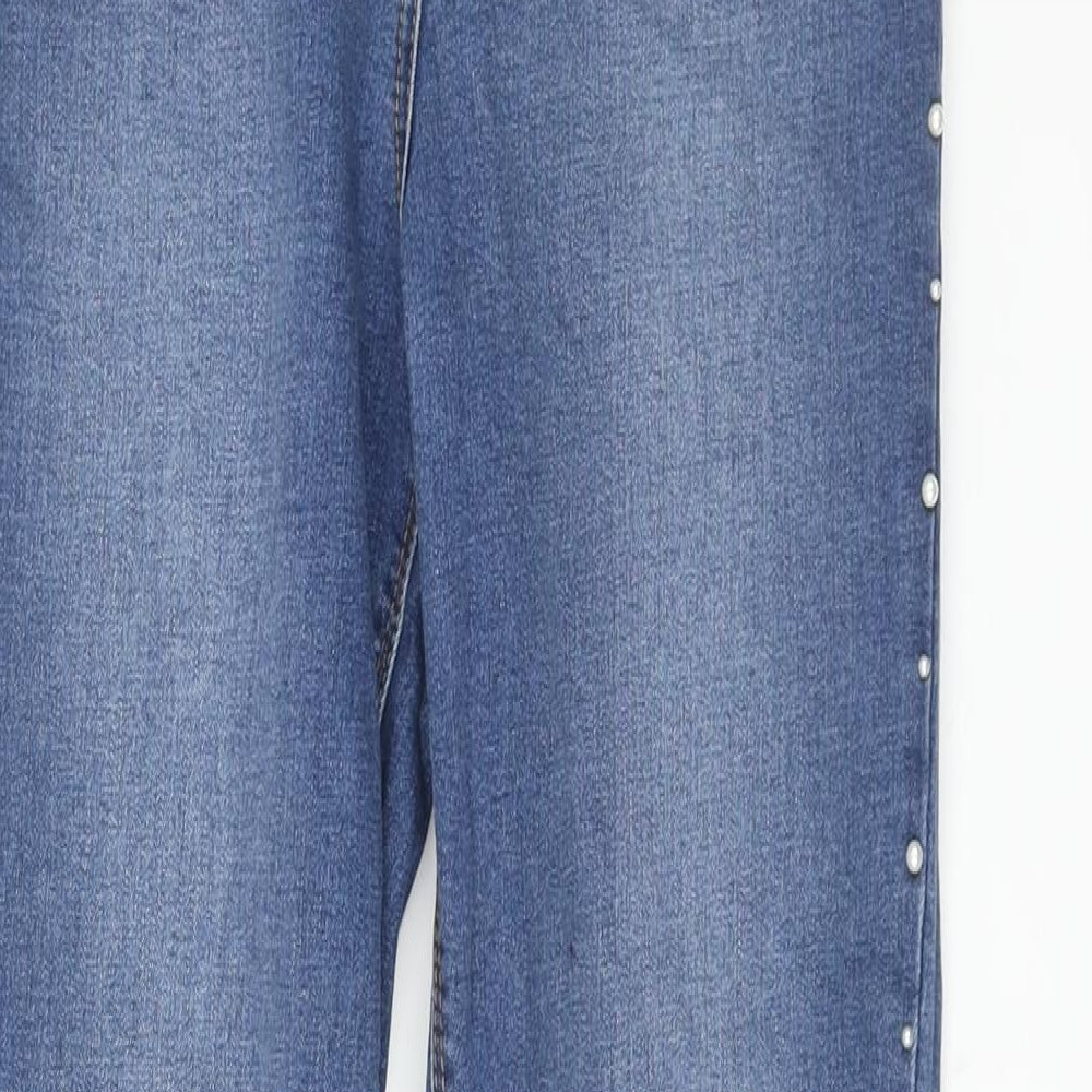 Matalan Womens Blue Cotton Skinny Jeans Size 12 L26 in Regular Zip - Pearl Detail Raw Hem