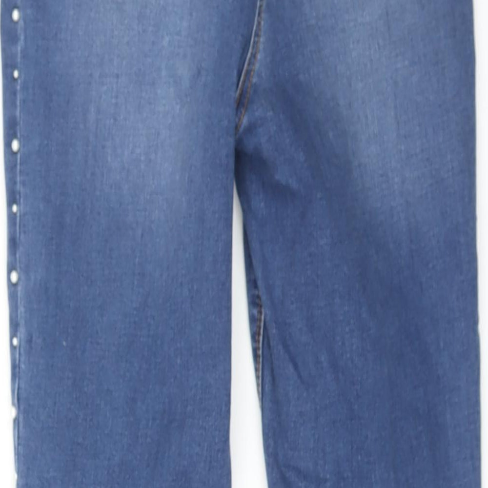 Matalan Womens Blue Cotton Skinny Jeans Size 12 L26 in Regular Zip - Pearl Detail Raw Hem