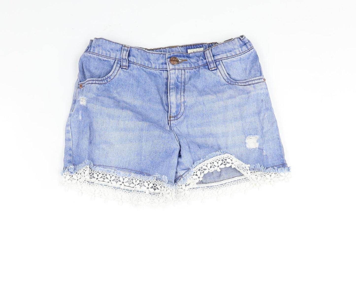 F&F Girls Blue Cotton Boyfriend Shorts Size 11-12 Years Regular Zip - Lace Trim Distressed