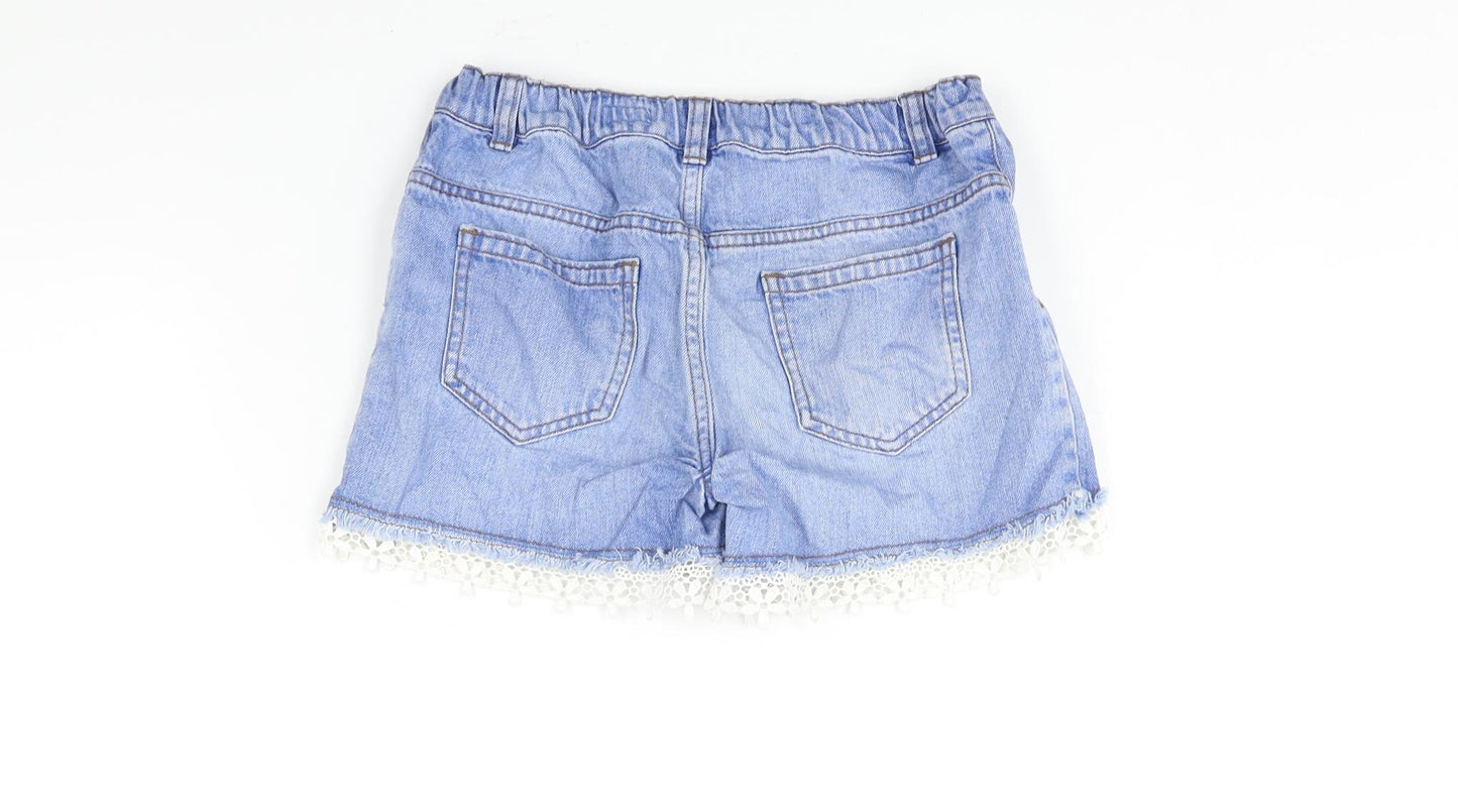 F&F Girls Blue Cotton Boyfriend Shorts Size 11-12 Years Regular Zip - Lace Trim Distressed
