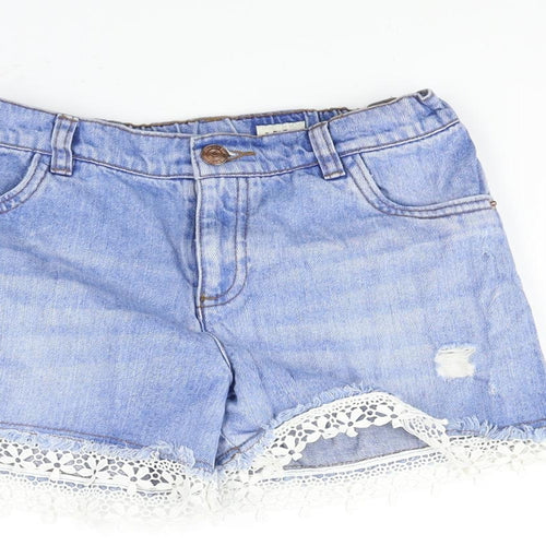 F&F Girls Blue Cotton Boyfriend Shorts Size 11-12 Years Regular Zip - Lace Trim Distressed