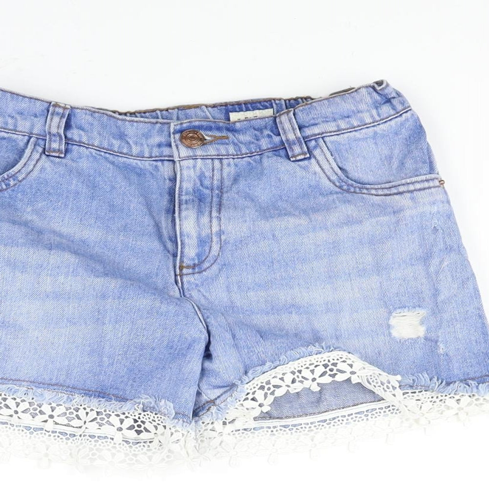 F&F Girls Blue Cotton Boyfriend Shorts Size 11-12 Years Regular Zip - Lace Trim Distressed
