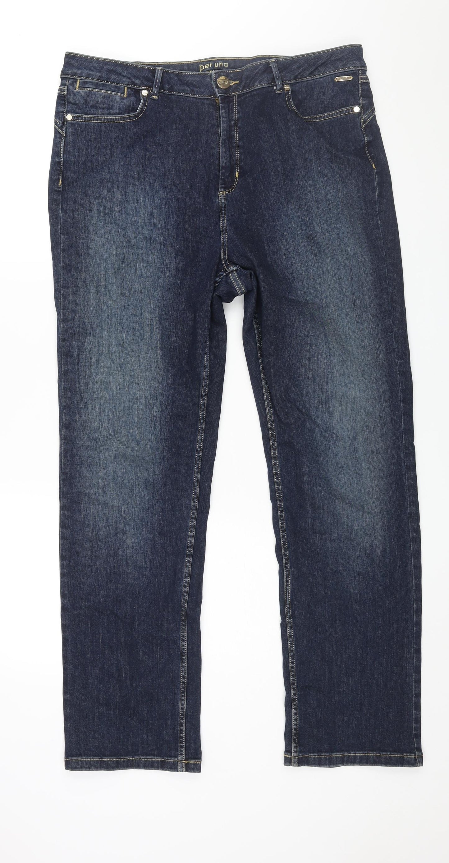Per Una Womens Blue Cotton Straight Jeans Size 16 L32 in Regular Zip