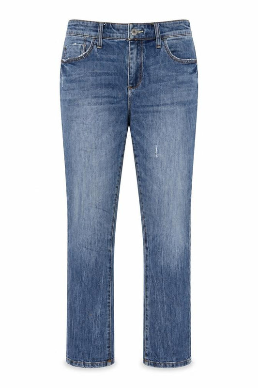 Front view of Picro women’s blue cotton boyfriend jeans, size UK 31, in, 30-inch leg slim zip