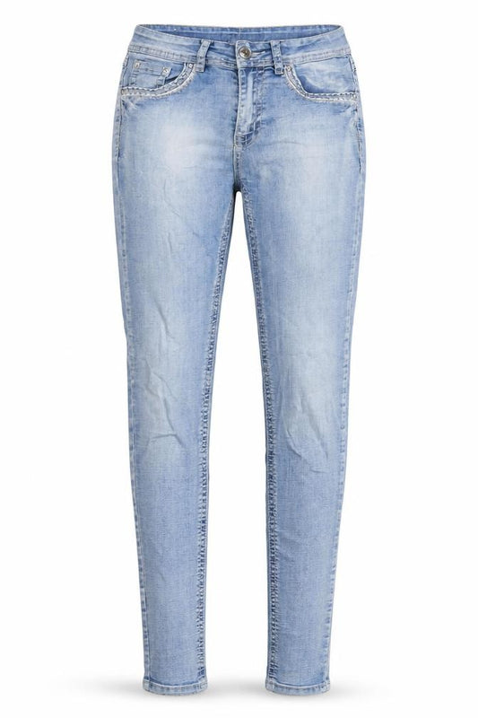 Front view of My Christy women’s blue cotton skinny jeans, size S, 30-inch leg regular zip - embroidered