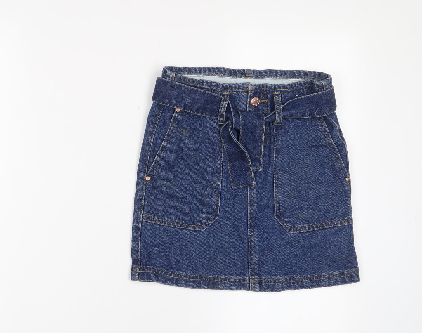 Denim & Co. Girls Blue Cotton A-Line Skirt Size 9-10 Years Regular Zip - Belted