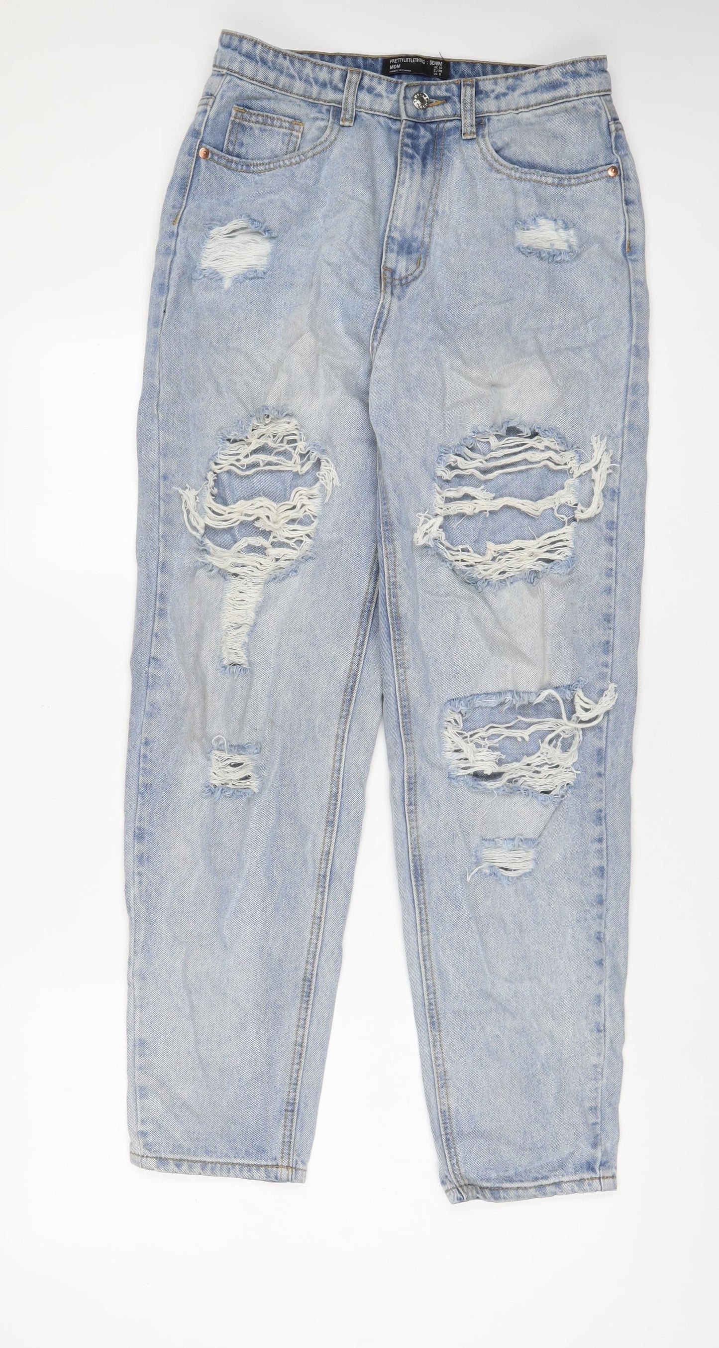 PRETTYLITTLETHING Womens Blue Cotton Straight Jeans Size 10 L31 in Regular Zip