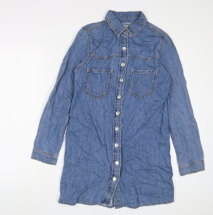 Denim & Co. Womens Blue Cotton A-Line Size 6 Collared Button