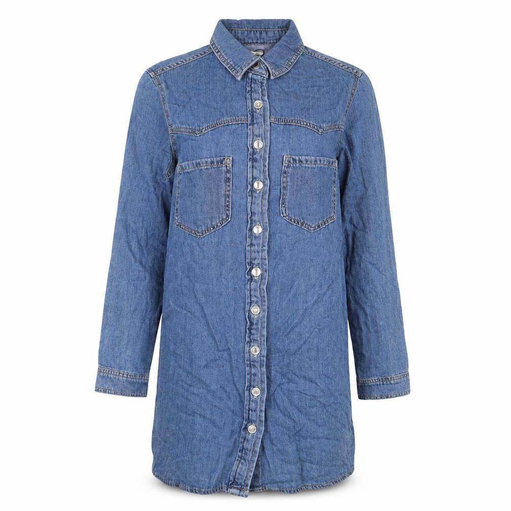 Front view of Denim & Co. women’s blue cotton a-line, size UK 6, collared button