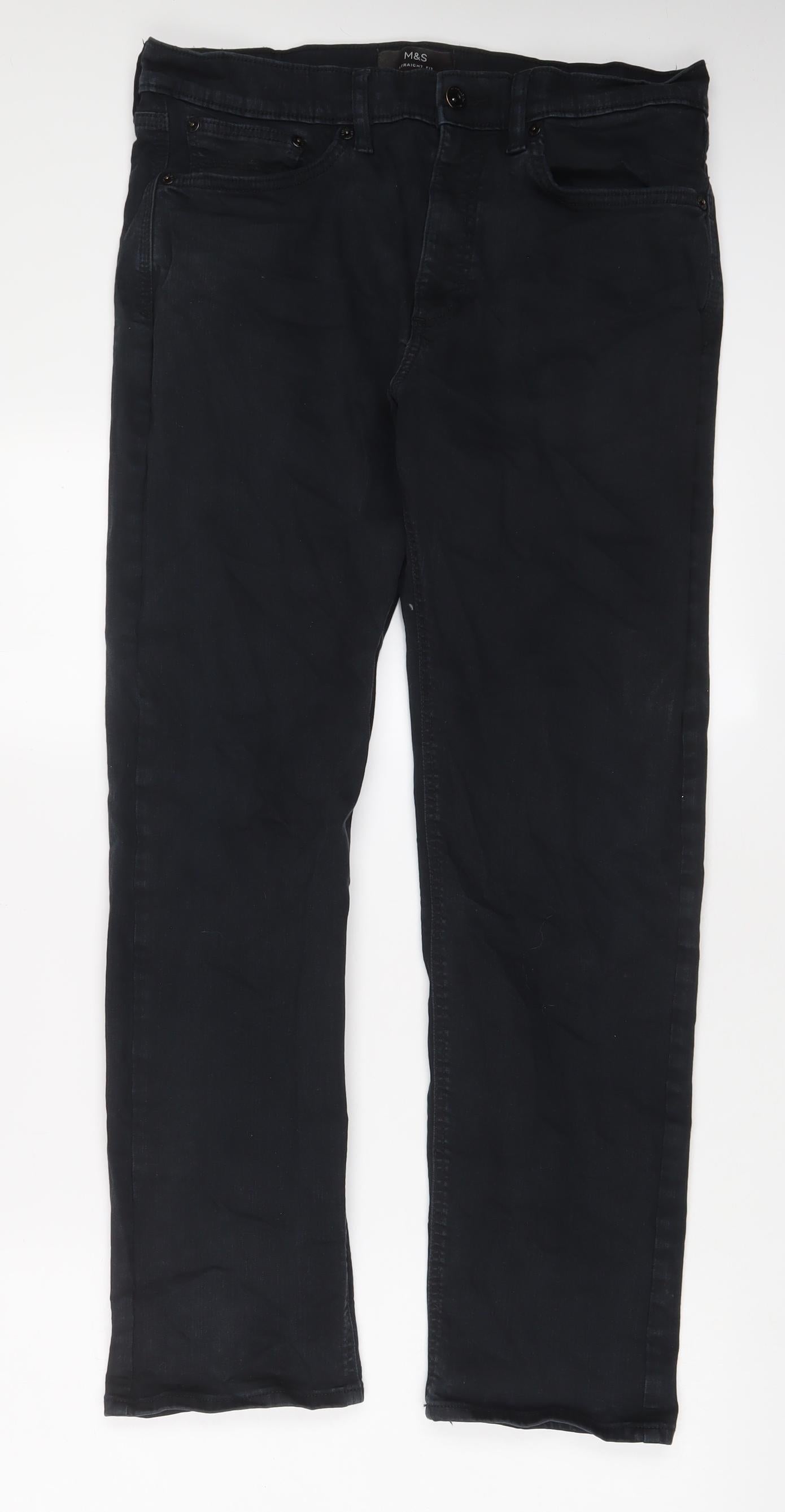 Marks and Spencer Mens Black Cotton Straight Jeans Size 34 in L31 in Regular Zip