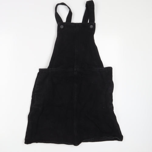 Monki Womens Black Cotton Pinafore/Dungaree Dress Size 10 Square Neck Zip