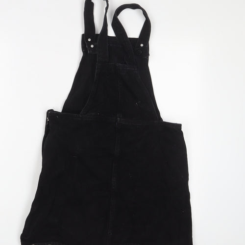 Monki Womens Black Cotton Pinafore/Dungaree Dress Size 10 Square Neck Zip