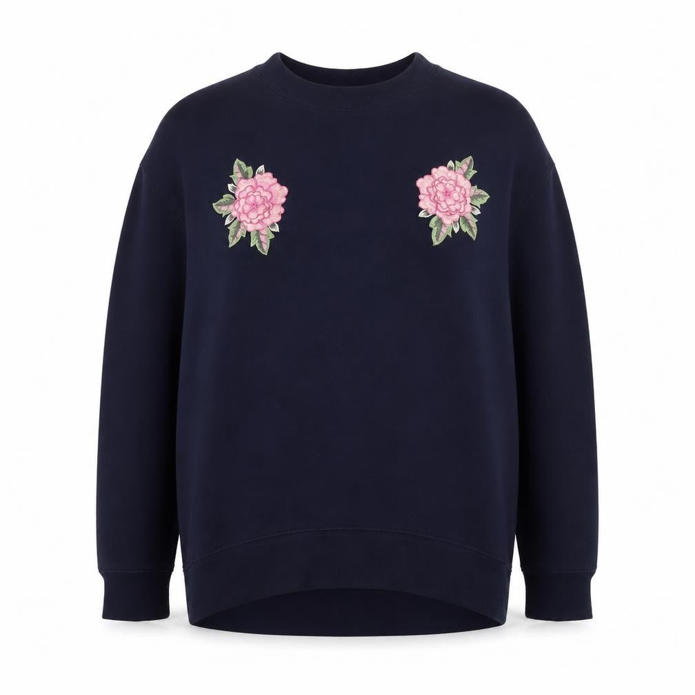 Front view of H&M women’s blue cotton pullover sweatshirt, size S, pullover - flowers
