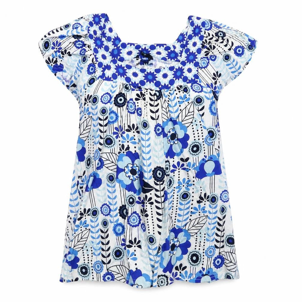 E-vie Womens Blue Floral Viscose Tunic T-Shirt Size 10 Round Neck - Size 10-12