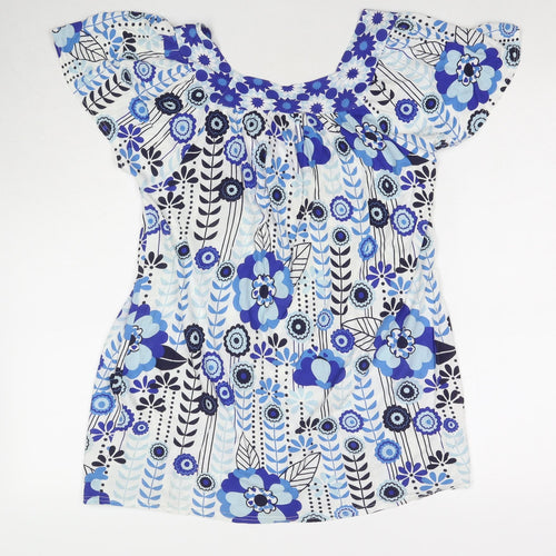 E-vie Womens Blue Floral Viscose Tunic T-Shirt Size 10 Round Neck - Size 10-12